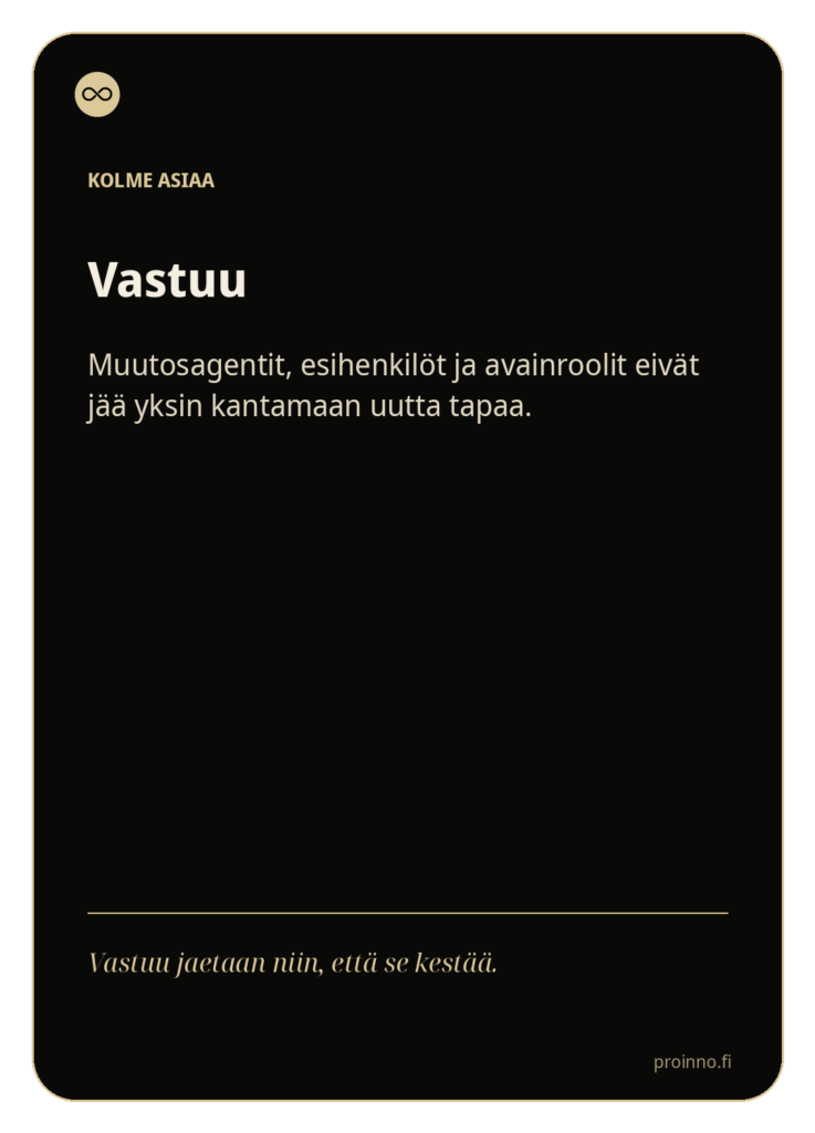 Vastuu
Muutosagentit, esihenkilöt ja avainroolit tarvitsevat tuen, jotta uusi tapa ei jää yhden ihmisen varaan.