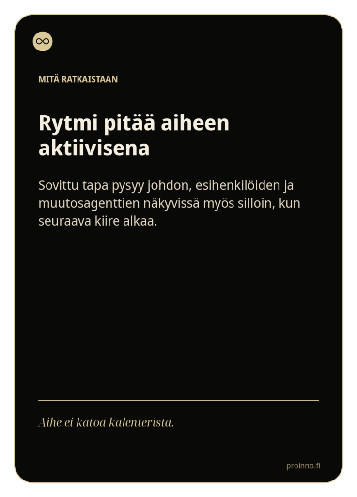 Rytmi pitää aiheen aktiivisena
Säännölliset tarkistuspisteet varmistavat, että uusi tapa ei jää muistamisen tai yksittäisen innostuksen varaan.