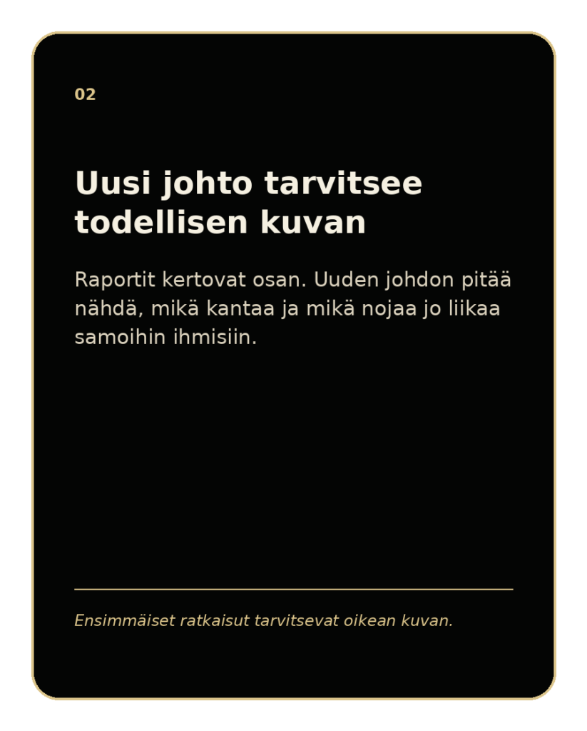 Uusi johto tarvitsee nopeasti kokonaiskuvan
Raportit kertovat osan. Uuden johdon pitää nähdä, mikä organisaatiossa jo kantaa, missä kuorma kasautuu ja mitä ei pidä hukata ensimmäisten ratkaisujen aikana.