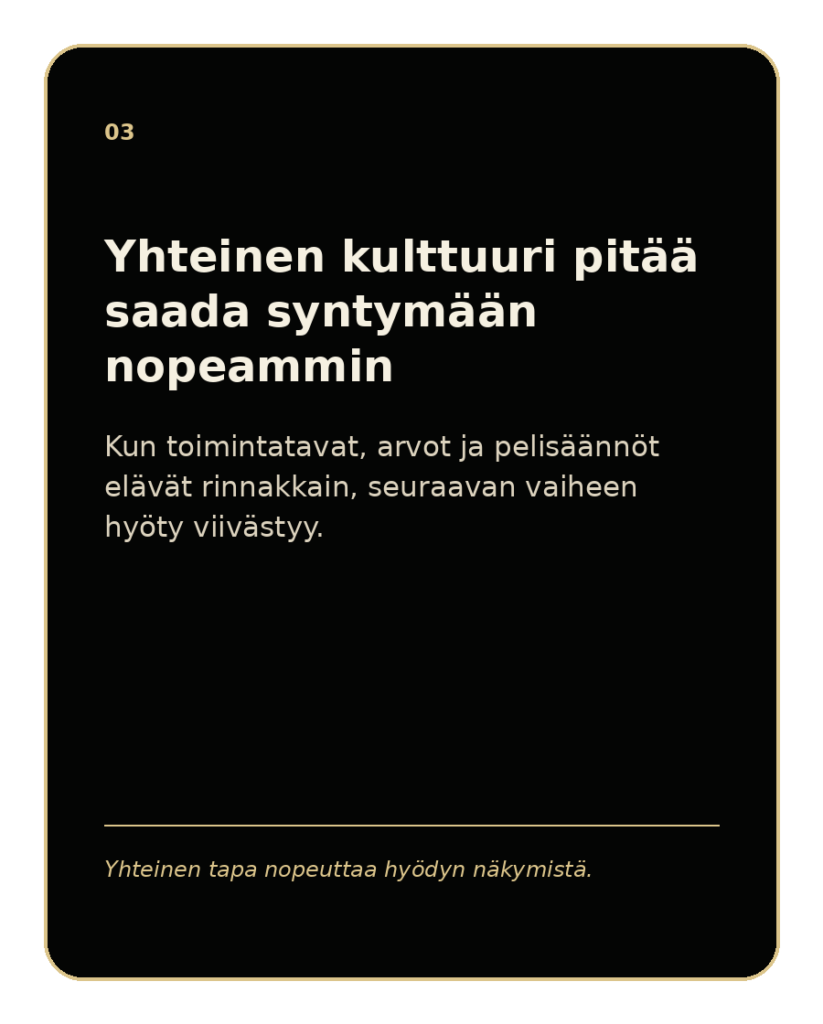 Yhteinen kulttuuri pitää saada syntymään nopeammin
Kun toimintatavat, arvot ja pelisäännöt elävät rinnakkain, seuraavan vaiheen hyöty viivästyy. Kantokykyarvio näyttää, mitä kannattaa vahvistaa yhteiseksi, jotta vaikutus alkaa näkyä aiemmin.