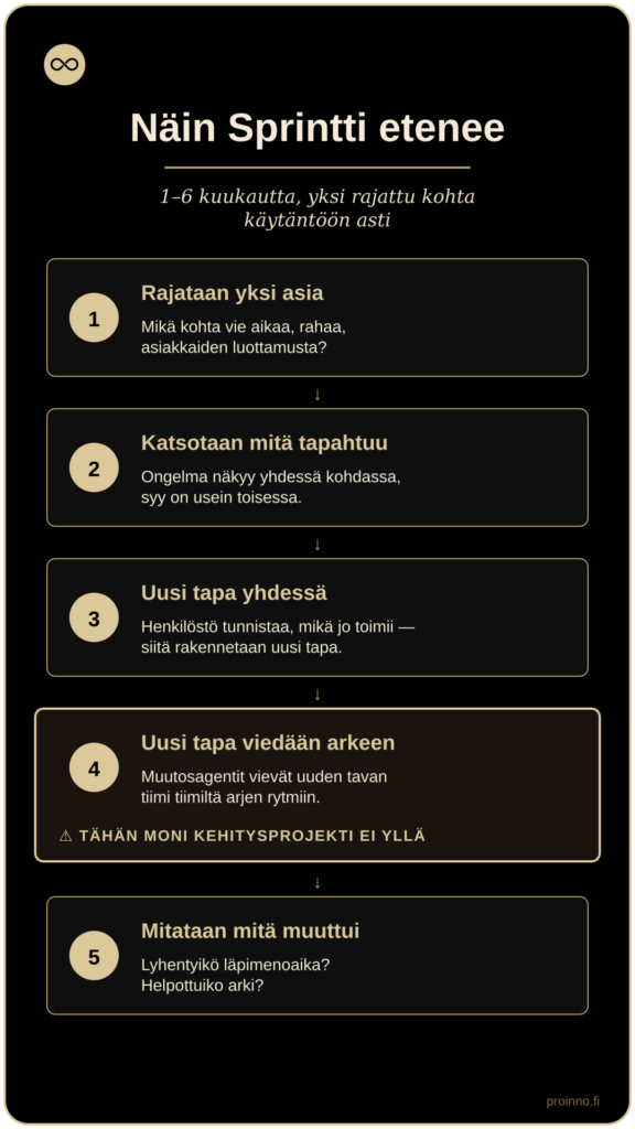Sprintin viisi vaihetta 1–6 kuukauden ajalle: 1) rajataan yksi asia — mikä kohta vie aikaa, rahaa, asiakkaiden luottamusta, 2) katsotaan mitä tapahtuu — ongelma näkyy yhdessä kohdassa, syy on usein toisessa, 3) uusi tapa yhdessä — henkilöstö tunnistaa mikä jo toimii, siitä rakennetaan uusi tapa, 4) uusi tapa viedään arkeen — muutosagentit vievät uuden tavan tiimi tiimiltä arjen rytmiin, tähän moni kehitysprojekti ei yllä, 5) mitataan mitä muuttui — lyhentyikö läpimenoaika, helpottuiko arki.