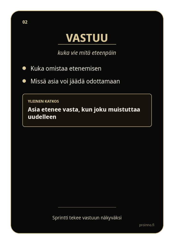 Vastuu
Sprintti auttaa selkeyttämään, kuka vie päätettyä asiaa eteenpäin ja missä kohdassa vastuu voi jäädä odottamaan.