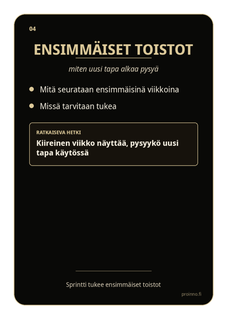 Ensimmäiset toistot
Sprintti tukee ensimmäisiä toistoja, jotta uusi tapa ei jää alkuun vaan alkaa pysyä käytössä.
