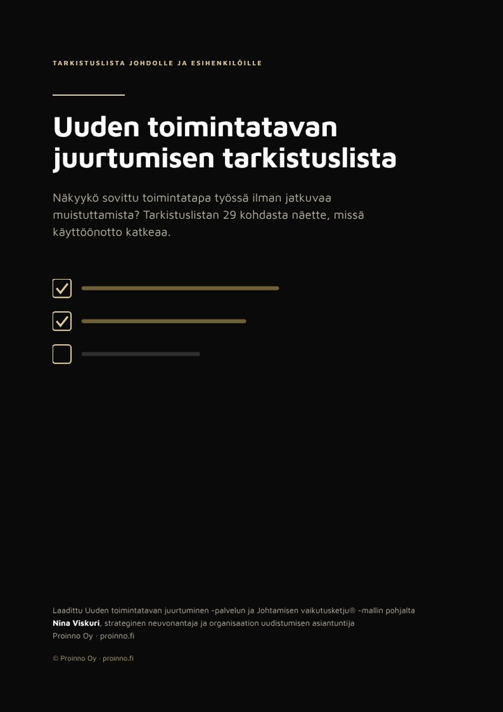 Uuden toimintatavan juurtumisen tarkistuslista, kansi